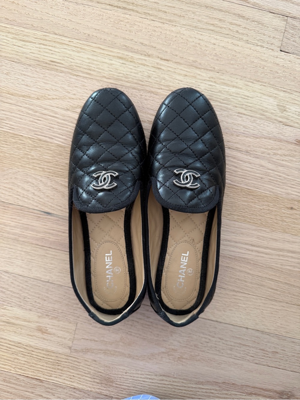 Chanel Quilted Black Leather Logo Loafer